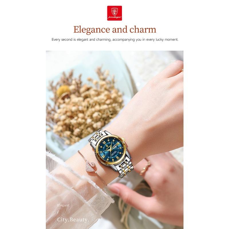 POEDAGAR Casual Women Wristwatch Waterproof Luminous Date Week Quartz Watches Stainless Steel Elegant Dress Ladies Watch