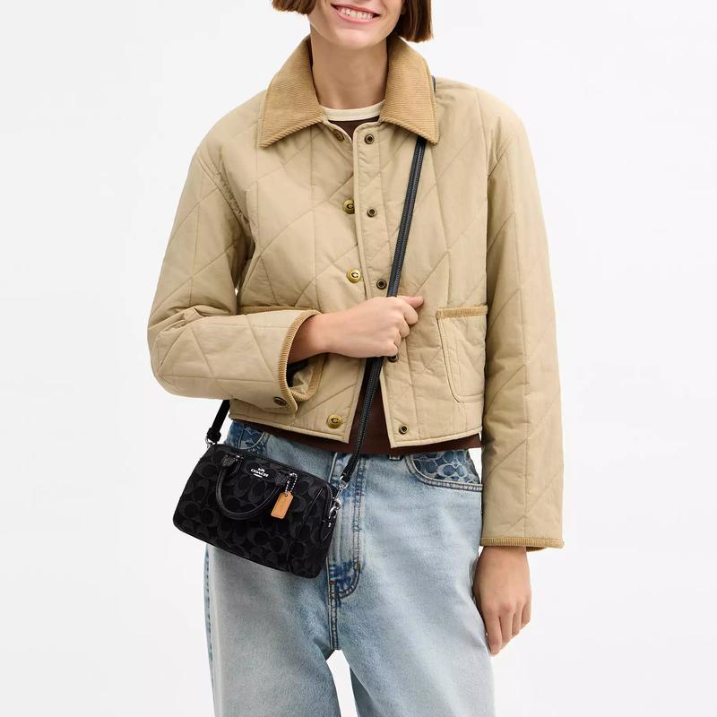 Coach Rowan 17 abnehmbarer Schultergurt mit Reißverschluss Denim und Rindsleder und Leder Handtasche Mini Damen Schwarz