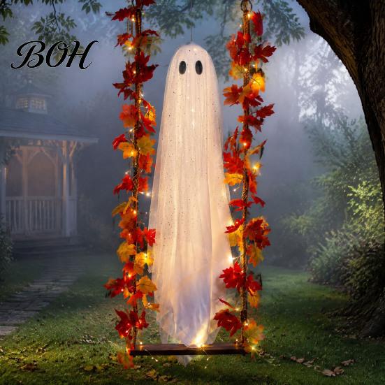 Fantasma di Tessuto Realistico Luminoso Appeso Oscillante Decorazione di Halloween con Telecomando, Grande Bianco Spettrale Ornamento Decorazione Giardino Esterno Foglie d'Acero