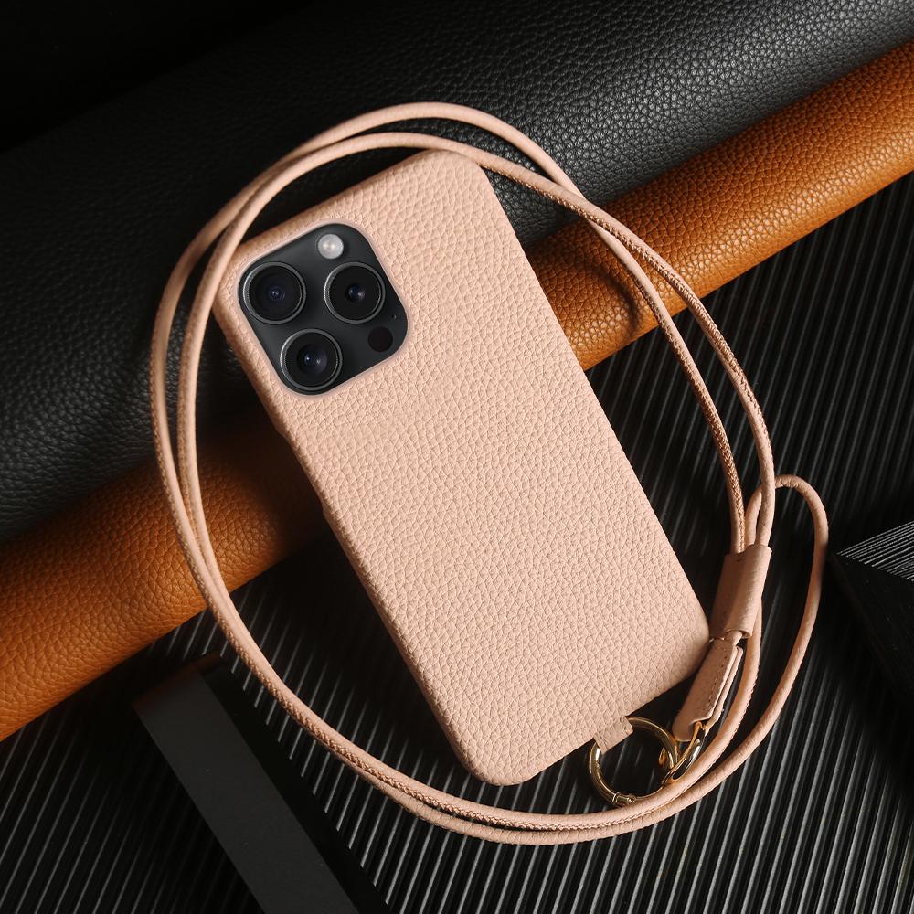 

For iPhone 14 Pro Case with Lanyard Genuine Cow Leather PC Phone Back Cover Pink