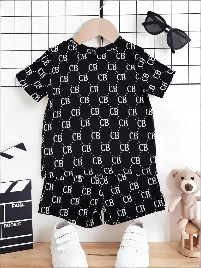 Toddler Boys Cool CB Monogram Print 2-Piece Outfit, Summer Navy Casual Clothes for Kids, Perfect for Playwear & Outdoor