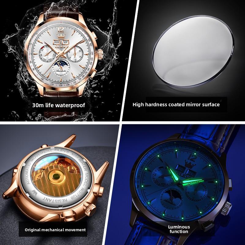 OLEVS Belt Perpetual Calendar Multi-function Moon Phase Mechanical Watch with Night Light for Men's Watch, Men's Timepiece