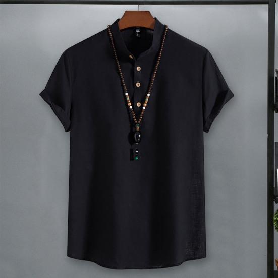 Muži Košile Stojánek Límec Knoflíky Výstřih Jednobarevné Krátké rukávy Pulovr Běžné nošení Bavlna Povlečení Pánské topy Letní móda Tričko Oblečení do práce