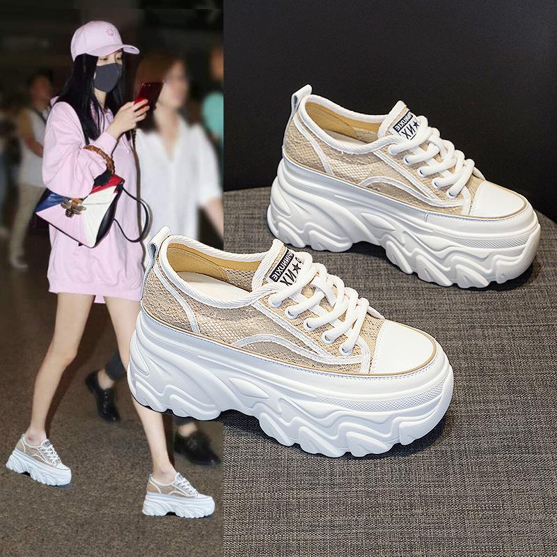 2025 summer new lace mesh breathable women's shoes round head lace-up muffin shoes heightening casual shoes women's trend