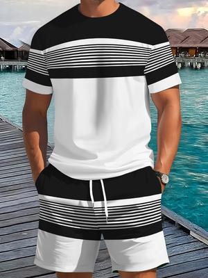 Zomer Nieuwe Collectie Heren Casual Tweedelig Set Gestreept 3D Print Korte Mouw Shirt en Atletische Shorts Set HerenSet