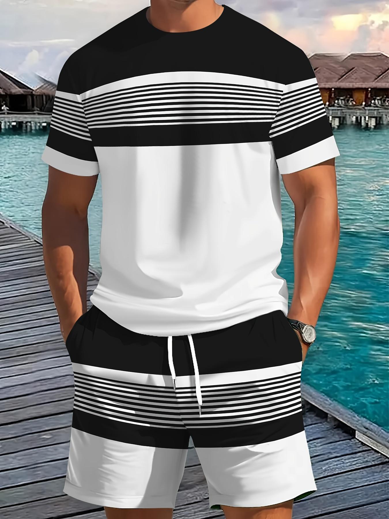 

Летняя Новинка Мужской Повседневный Комплект из Двух Предметов Полосатая Рубашка с 3D-Принтом с Коротким Рукавом и Спортивные Шорты Комплект МужскойКомплект S