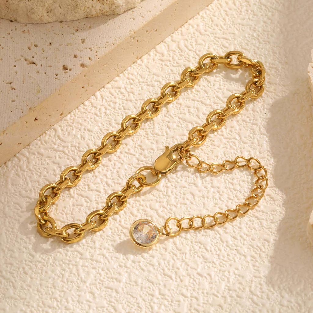 Vnox Women Link Chain Bracelet,Classic Gold Plated Stainless Steel Adjustable Bracelets,Charm Female Jewelry Stone Tail Gifts