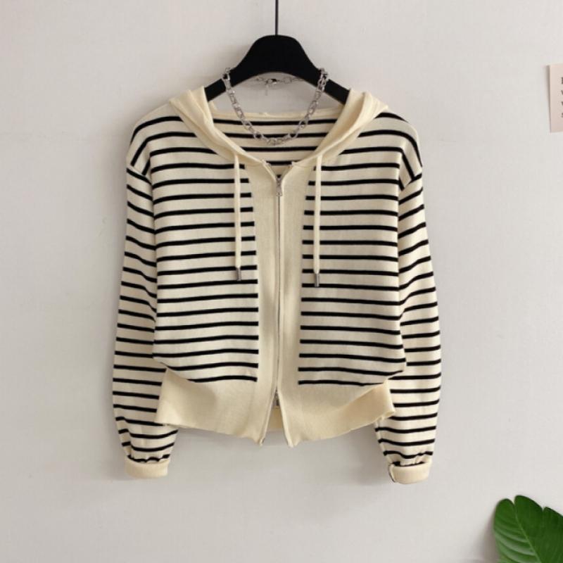 Honey J Women Shlet Stripe Knit Hooded Zip Up  2color 