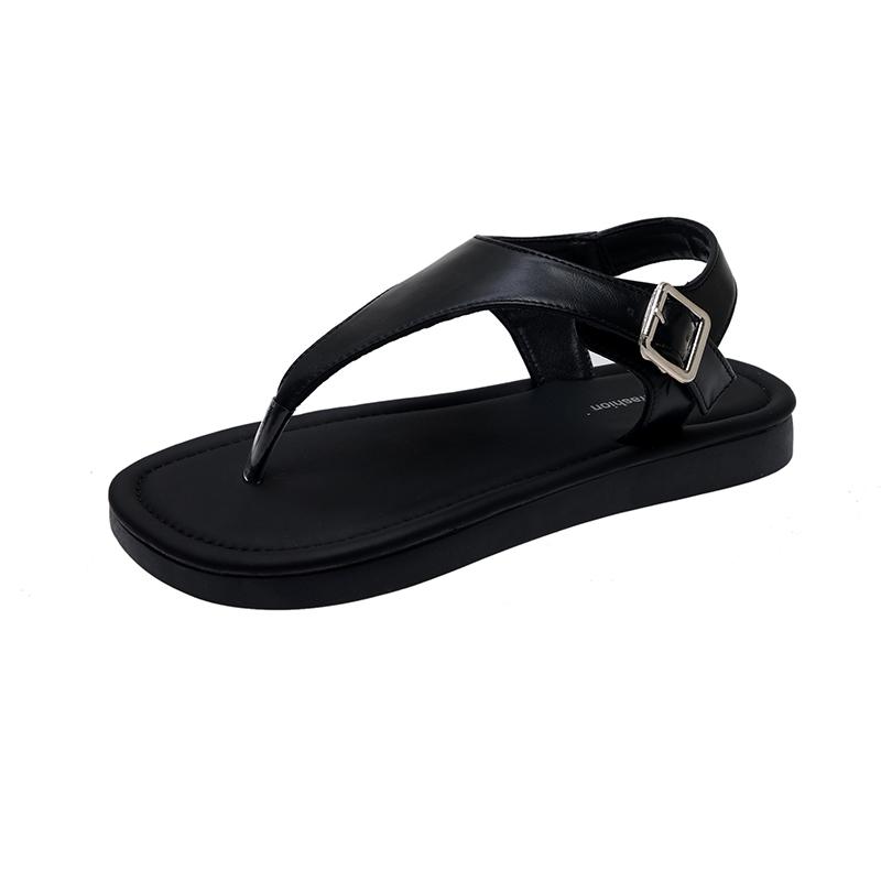 

Лето 2024 года. Классические кожаные сандалии. Женские пляжные туфли с открытым носком и римской пряжкой. Сандалии Trifle из кожи с толстой подошвой и застежкой «рыбий рот» 39 чёрный