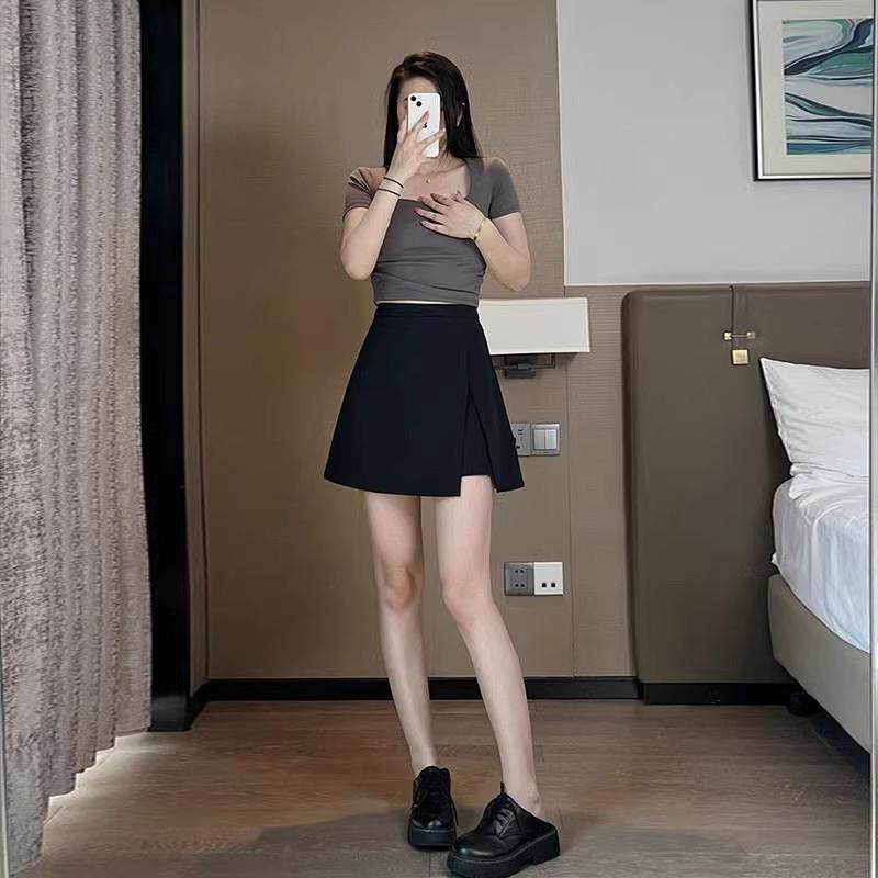 

2025 Black Plus Size High Waist Slimming A-Line Slit Short Skirt for Women 4XL чёрный