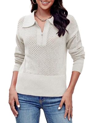 Women's Solid Half Zip Pullover Sweater Crochet Collar Long Sleeve Knit Jumper