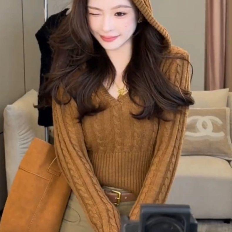 Women's Autumn Korean Style Casual Lazy Temperament Pullover Sweater Cable Knit Fashion Short Top