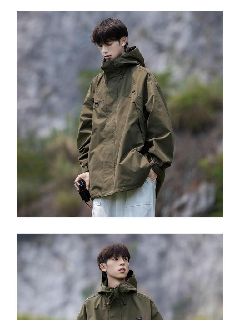 Men's Black Hooded Windproof Jacket: Spring/Autumn Japanese Trendy Loose Fit Mountaineering Workwear