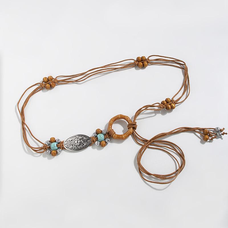 Boho Belt Round Buckle Braided Wooden Bead Waist Rope Natural Vacation Style Waist Rope