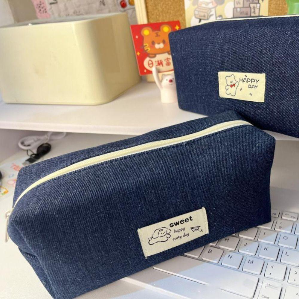 Large Capacity Stationery Bag Dark Blue Stationery Organizer Cute Denim Pencil Case  School Office
