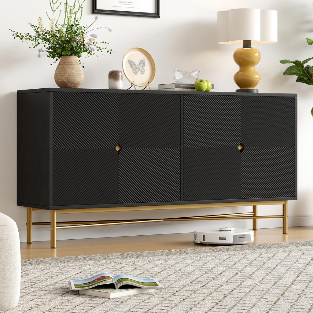 Sideboard with Raised Texture 160cm, with Four Doors, Golden Brushed Handles and High-Gloss Table Legs, Black, 160×40×82cm(old Sku N657P28156667S)