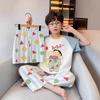 100% Cotton Boys Pajama Set Short Sleeve Long Pants 3-Piece Cartoon Sleepwear Kids Teens Home Wear