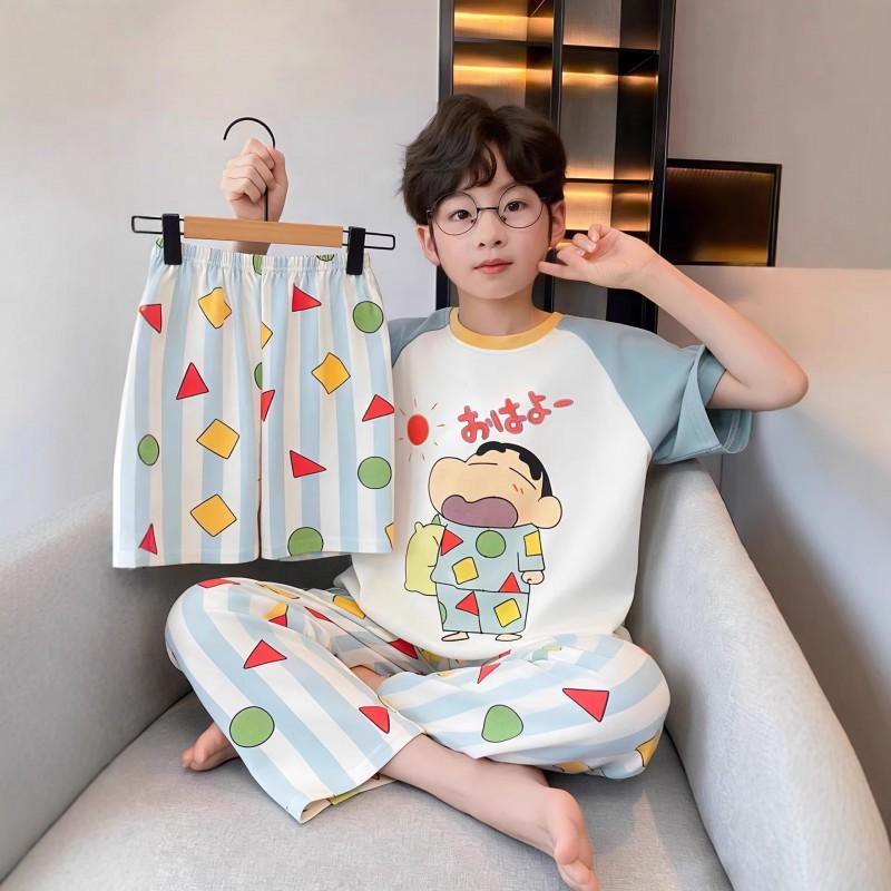 100% Cotton Boys Pajama Set Short Sleeve Long Pants 3-Piece Cartoon Sleepwear Kids Teens Home Wear