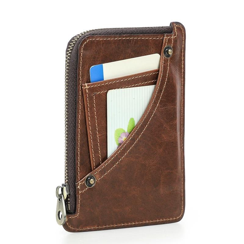 Full Grain Vintage Leather Card Holder RFID Blocking Slim Zipper Coin Pocket