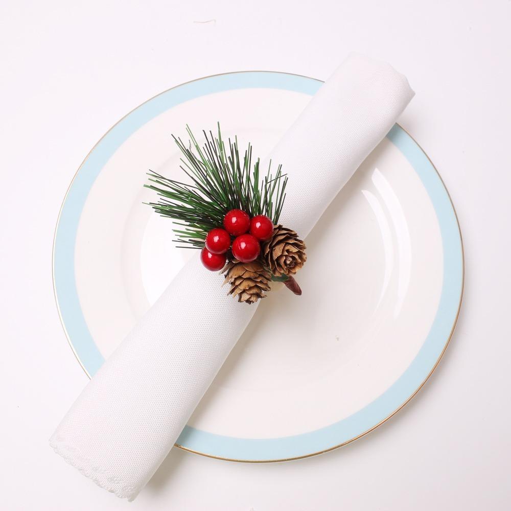 6pcs with Red Berries Christmas Pine Needle Napkin Ring Wooden Napkin Buckle Restaurant