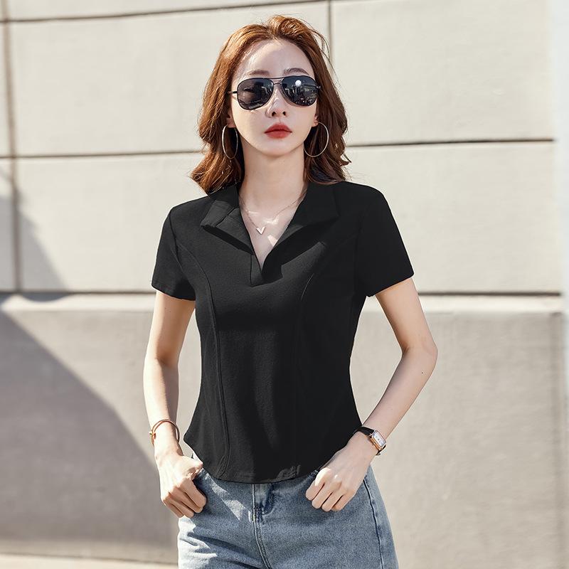 Dames Zomer POLO Kraag Kortmouwige Afslankend Visgraat Ontwerp Korte Top