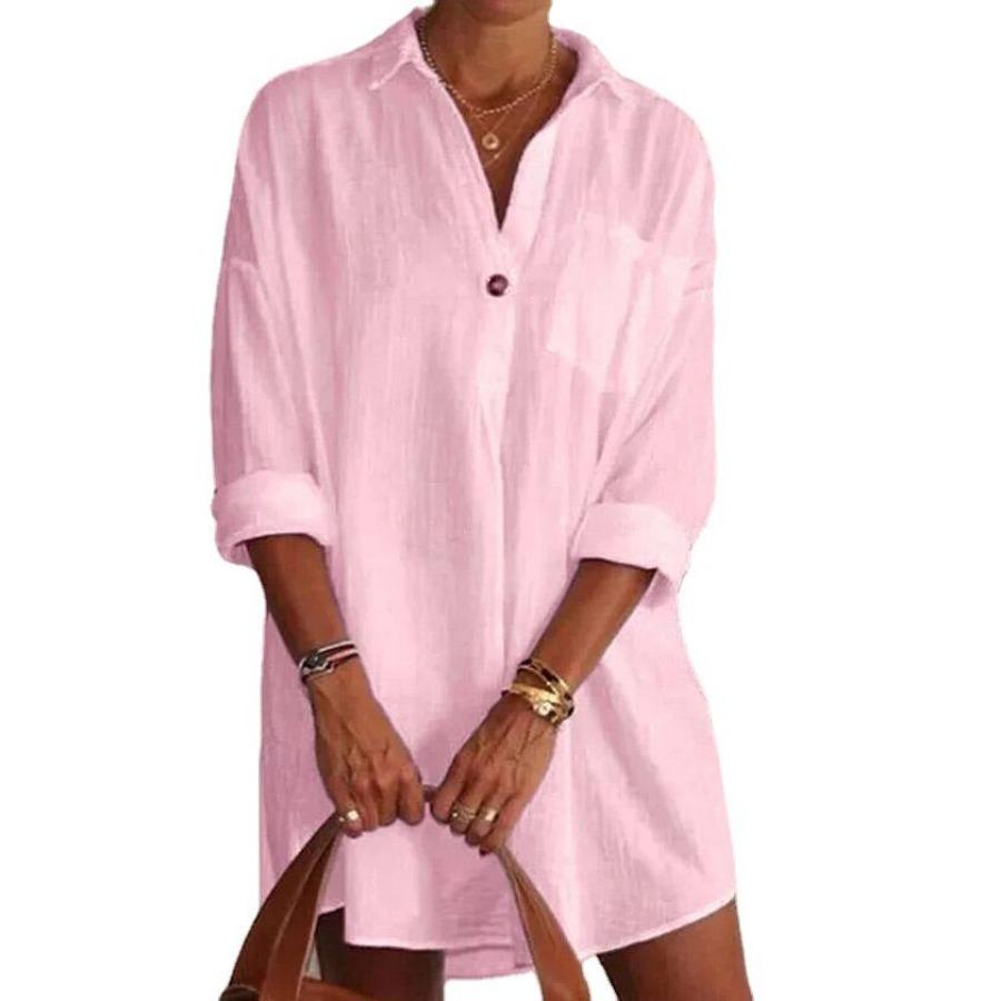 Medium Long Shirt White Pink V Neck Long Sleeve Loose Solid Color Shirt for Women