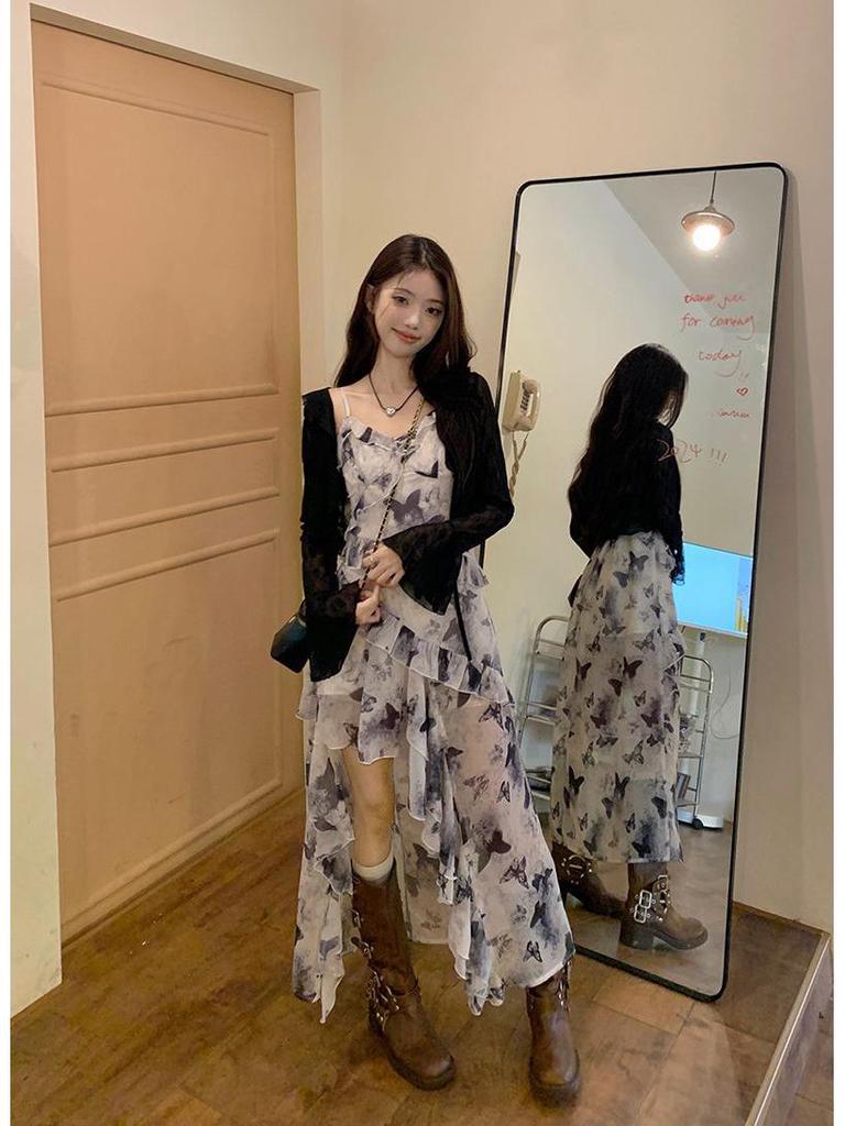 Retro French Floral Maxi Dress – Slim Waist & Irregular Hem for Women