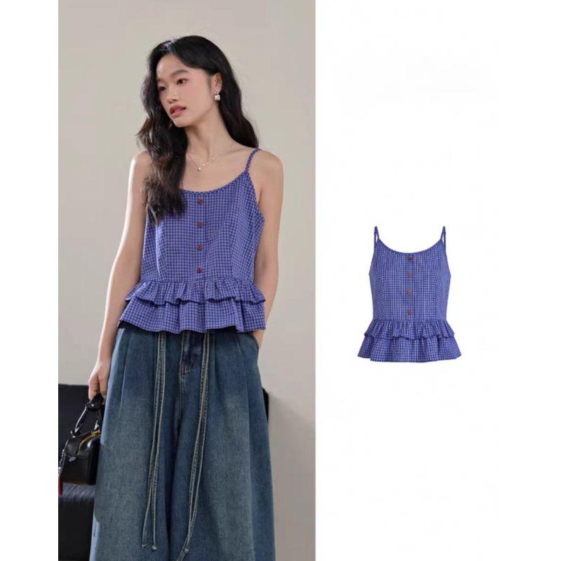 

Blue Gingham Shirt for Women 25 Summer New Arrival Miu Series Wear Ruffled Short Sleeves Shirt Tops Short Autumn