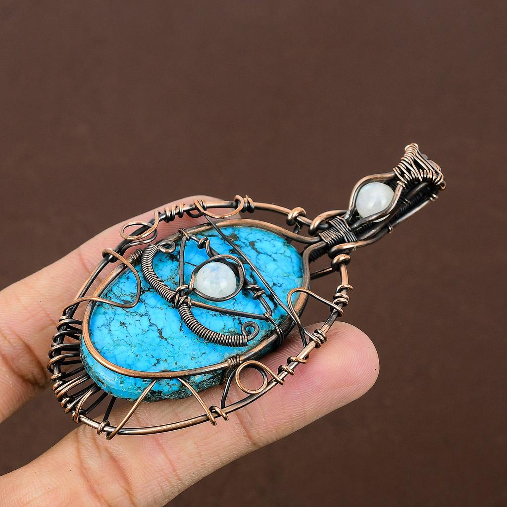 Natural Tibetan Turquoise,Moonstone Gemstone Copper Wire Wrap Pendant 3.74" R6S23