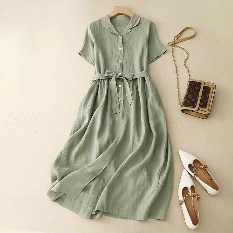 Linen Women Summer Lightweight Breathable Loose Plus Size Slimming Belted Color Long S зелёный