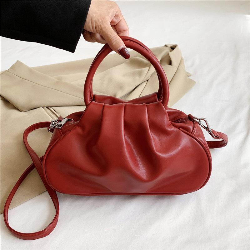 Hand-held Vintage Solid-color Cloud-shaped Pleated Bag with Single Shoulder Strap and Side Carrying Handle