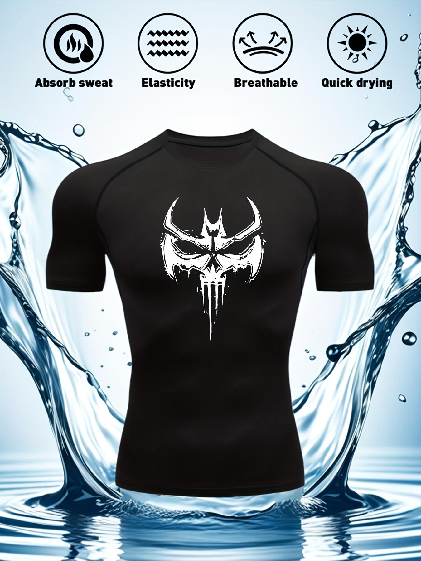 Men s Black Demon Skull Print Compression Rash Guard, Absorbent Breathable Quick Dry Gym Workout & Water Sports Top S чёрный