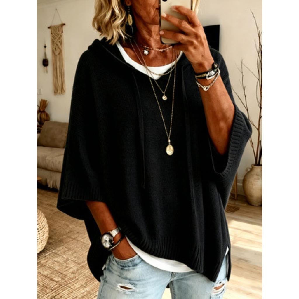 Women's Casual Hooded Sweatshirt, Bat Sleeve Knitted Sweater, Warm Sweater, Knitted Hooded Drawstring Sweater, Knitted Loose Fitting Outerwear