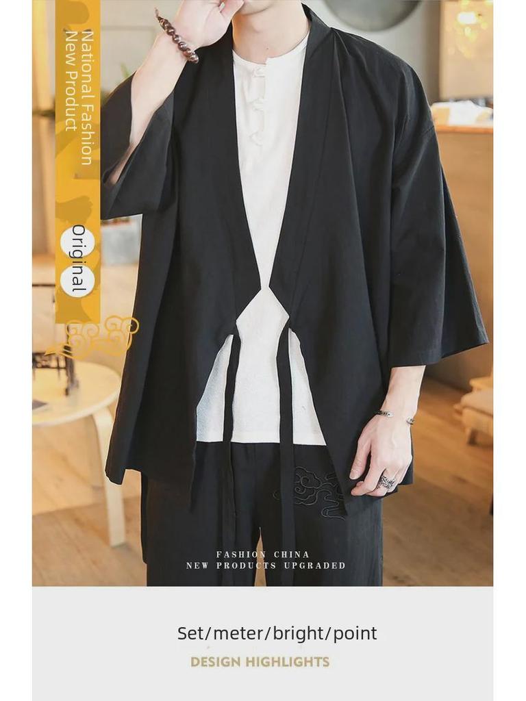 Men's Zen Buddhist Hanfu Jacket: Three-Quarter Sleeves, Slanting Collar, Summer Style, Ancient Chinese Tea Clothing, Cotton & Linen Taoist Robe.