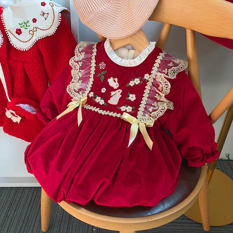 

Зимнее платье принцессы на первый день рождения девочки с бархатной юбкой Size 110