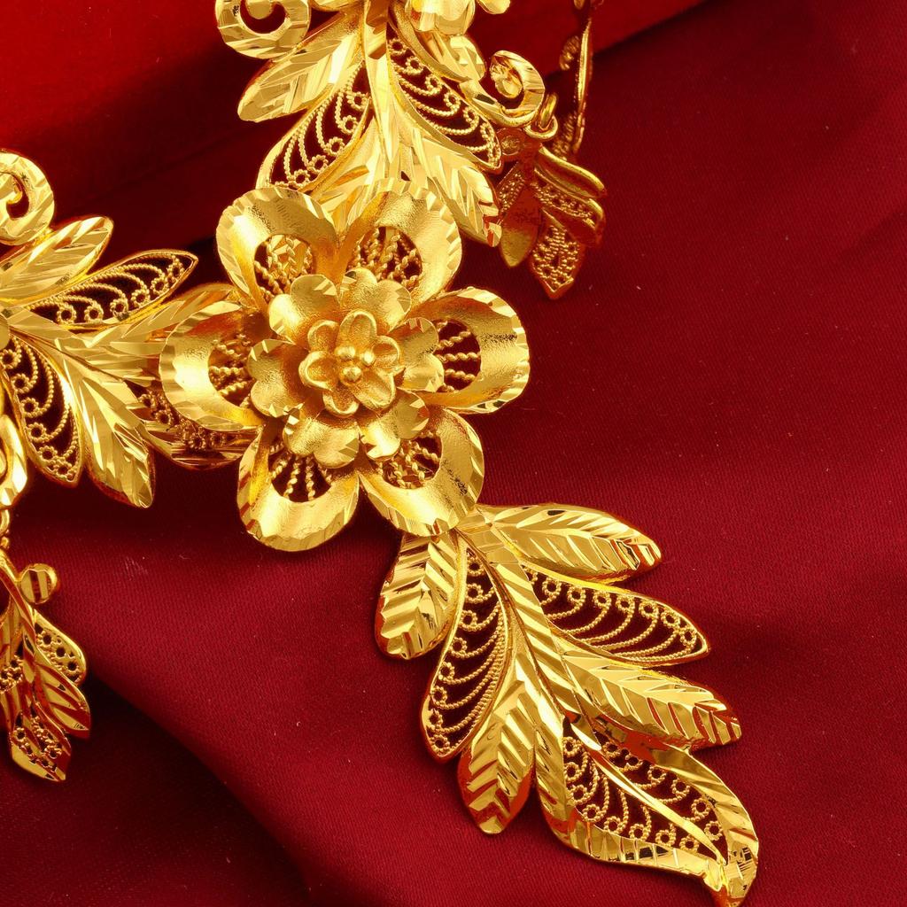 Luxury 24K 9999 Pure Gold Real Gold Women's Hollow Flower Leaf Necklace Earring Set