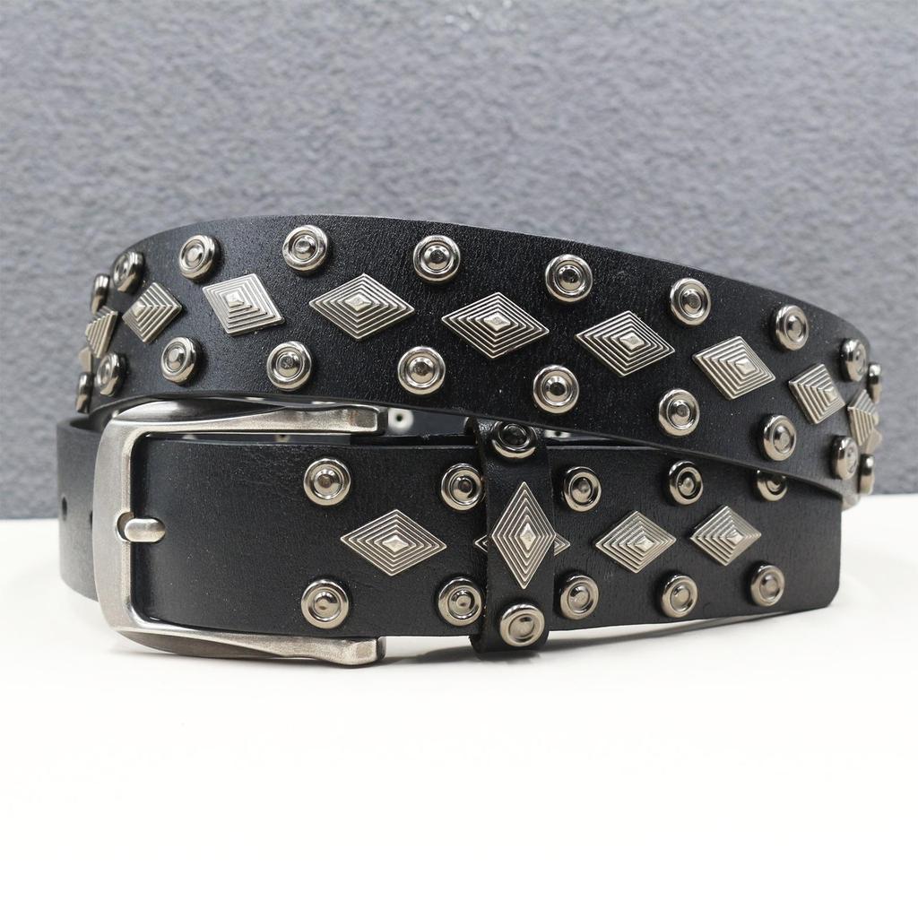 Genuine Cowhide Western Rivet Leather Belt with Diamond Gothic Accessories - Y2K Style