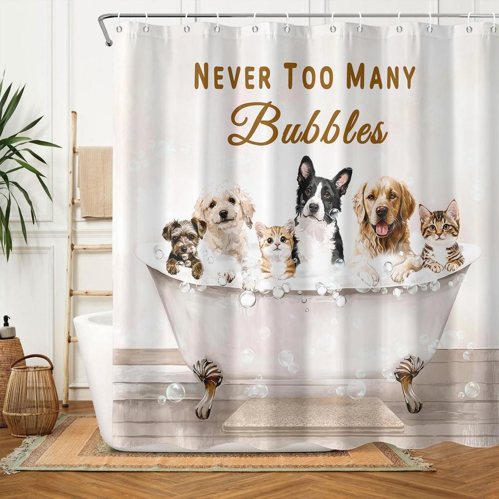 Cute Cartoon Cats Shower Curtain, Funny Kittens Bathing with Bubbles,Waterproof Fabric Bathroom Curtain for Kids Whimsical Decor