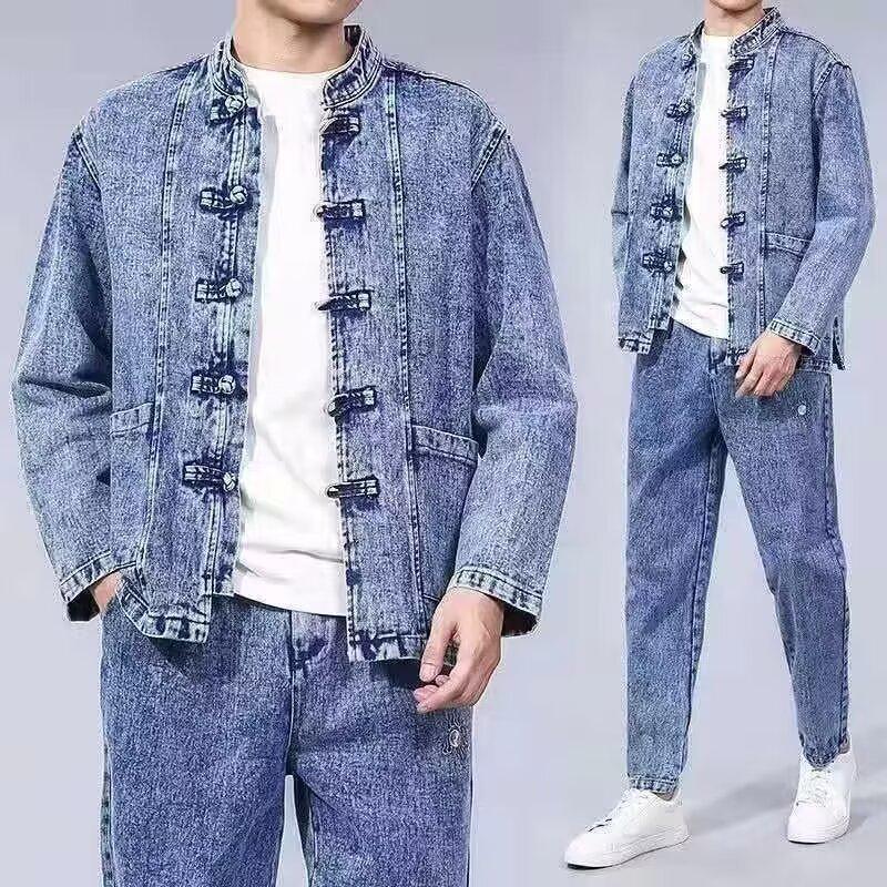 Men's Retro Chinese Style Denim Jacket: Frog Button Patchwork, Stand Collar, Loose Fit