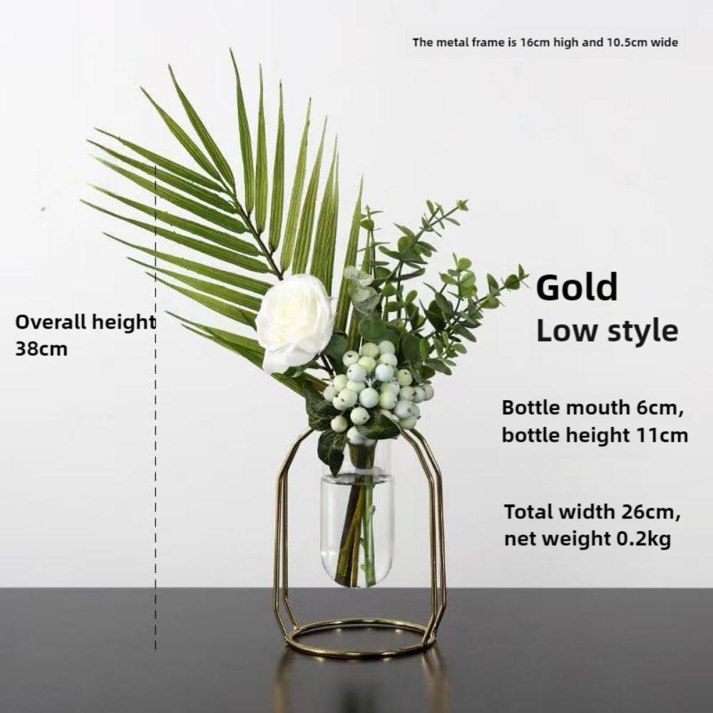 Gold Vase Metal Frame Modern Creative Hydroponic Vase Home Living Room Decoration Flower Arrangement Dried Flower Decoration Table Potted Vase