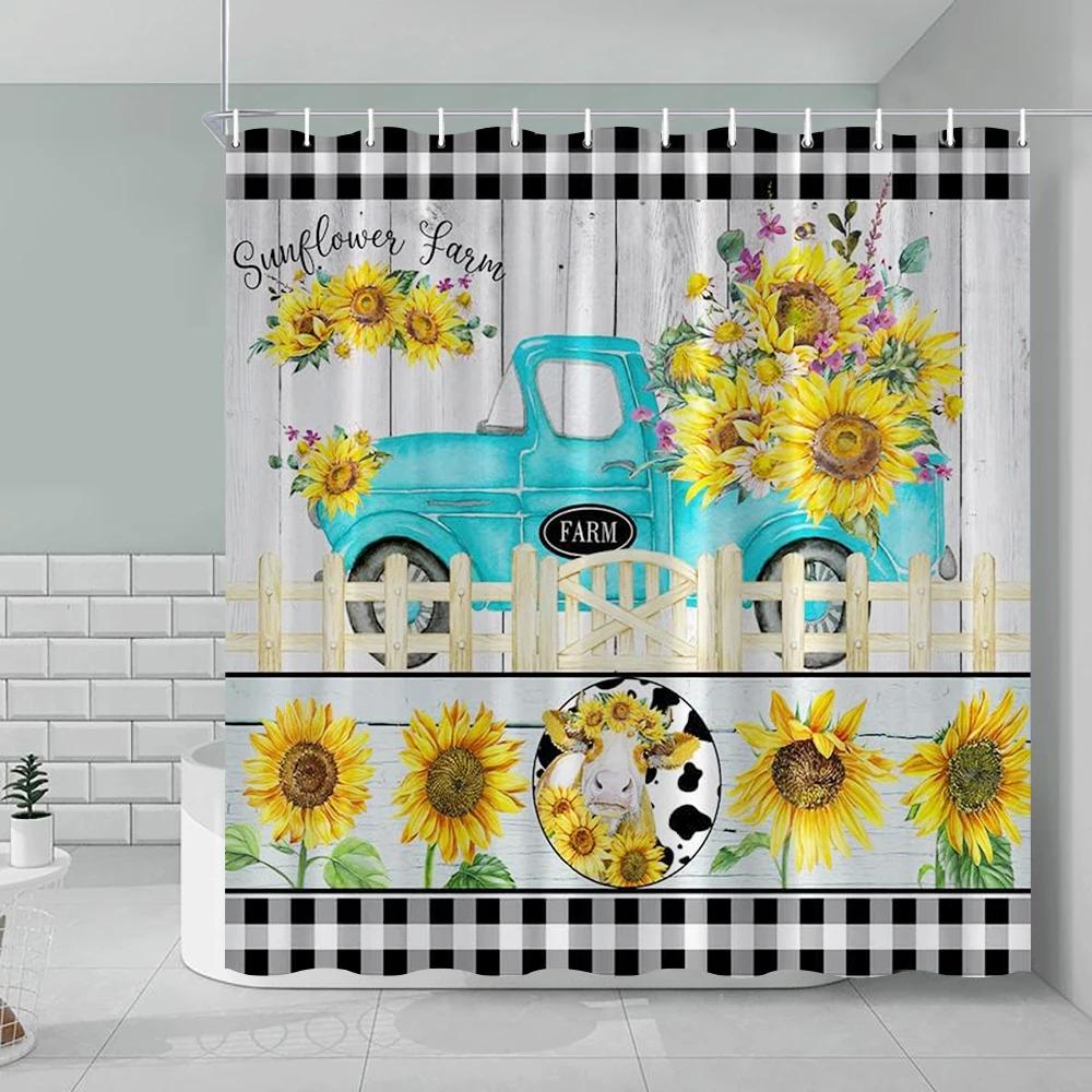 Wood Paneled Flower Shower Curtain, Vintage Flower Farm Cart Sunflower Butterfly Lavender Geometric Bible, Bathroom Decoration