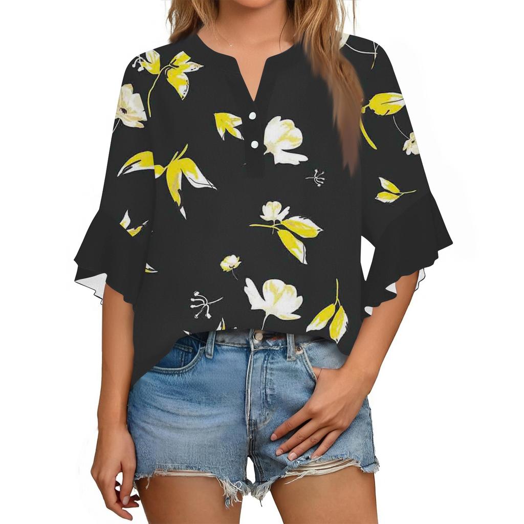 Summer Women's Tops V-Neck Seven Sleeve Shirt Spring Summer Floral Printed Tops Casual Shirt
