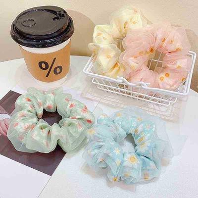 Mesh Floral Fabric Large Hair Ring for Women Korean Versatile Simple Beach Elegant Fashion Rubber Band Hair Accessories