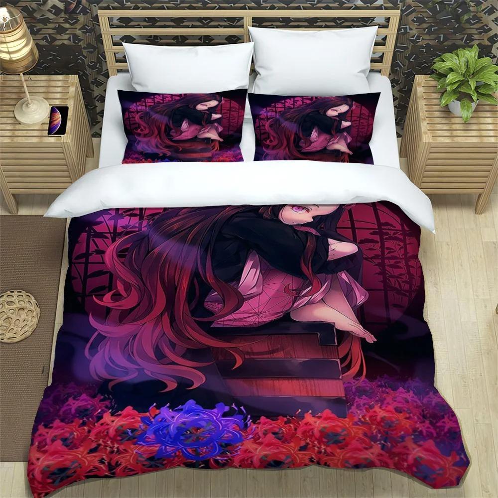 Japanese Manga Demon Slayer Personalized Customization Bedding Set Soft Duffel Cover Pillowcase Comic Adolescent Sheet Set