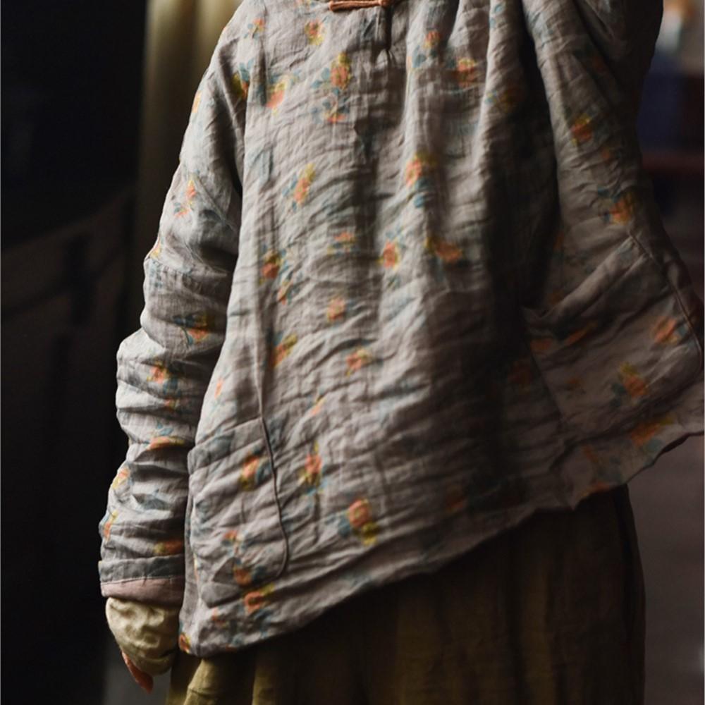 Johnature Women Vintage Print Floral Pullover O-Neck Long Sleeve Autumn Pockets Chinese Style Tops