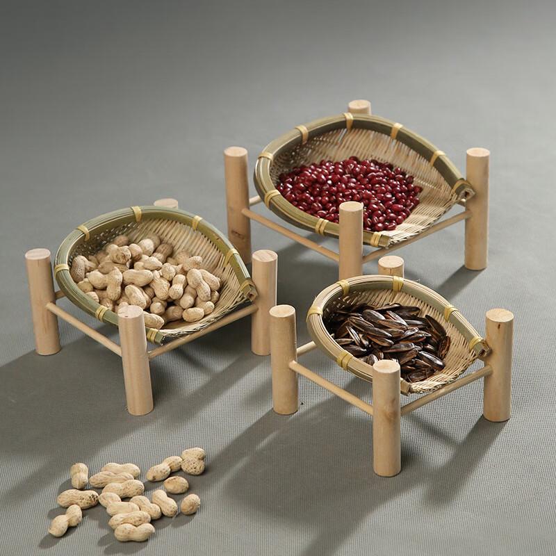 ZISIZ Handmade Bamboo Woven Serving Basket with Wooden Stand