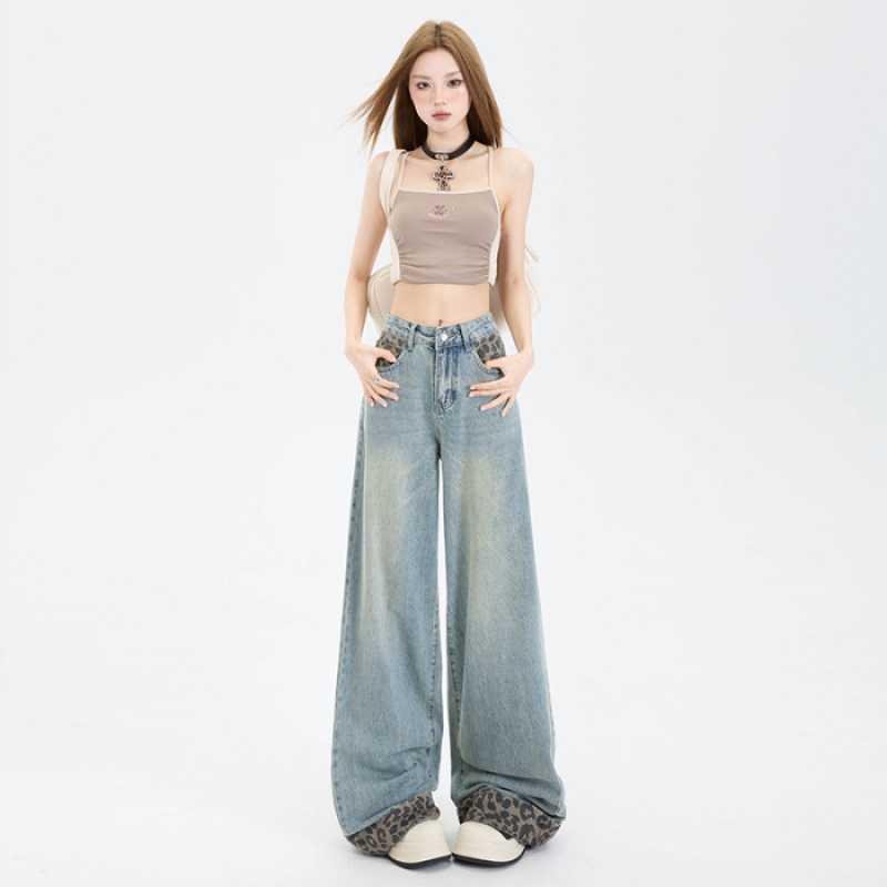 Women s Leopard Print Patchwork Wide-Leg Retro Jeans XS