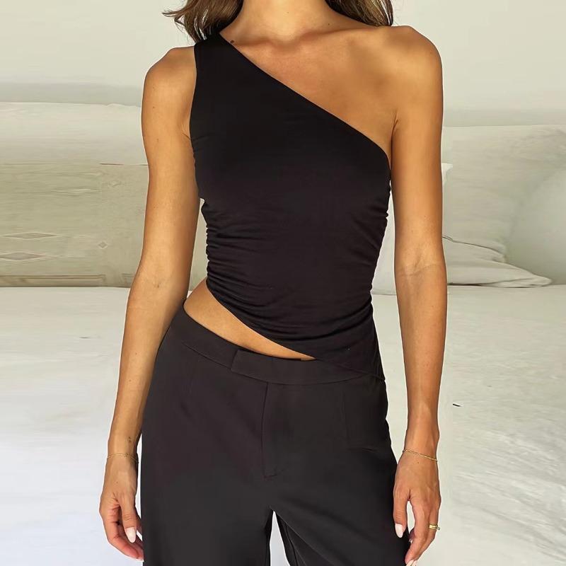 

Women s Sexy Diagonal Shoulder Strap Sleeveless Backless Tight Top Seaside Nightclub Party New Model M чорний