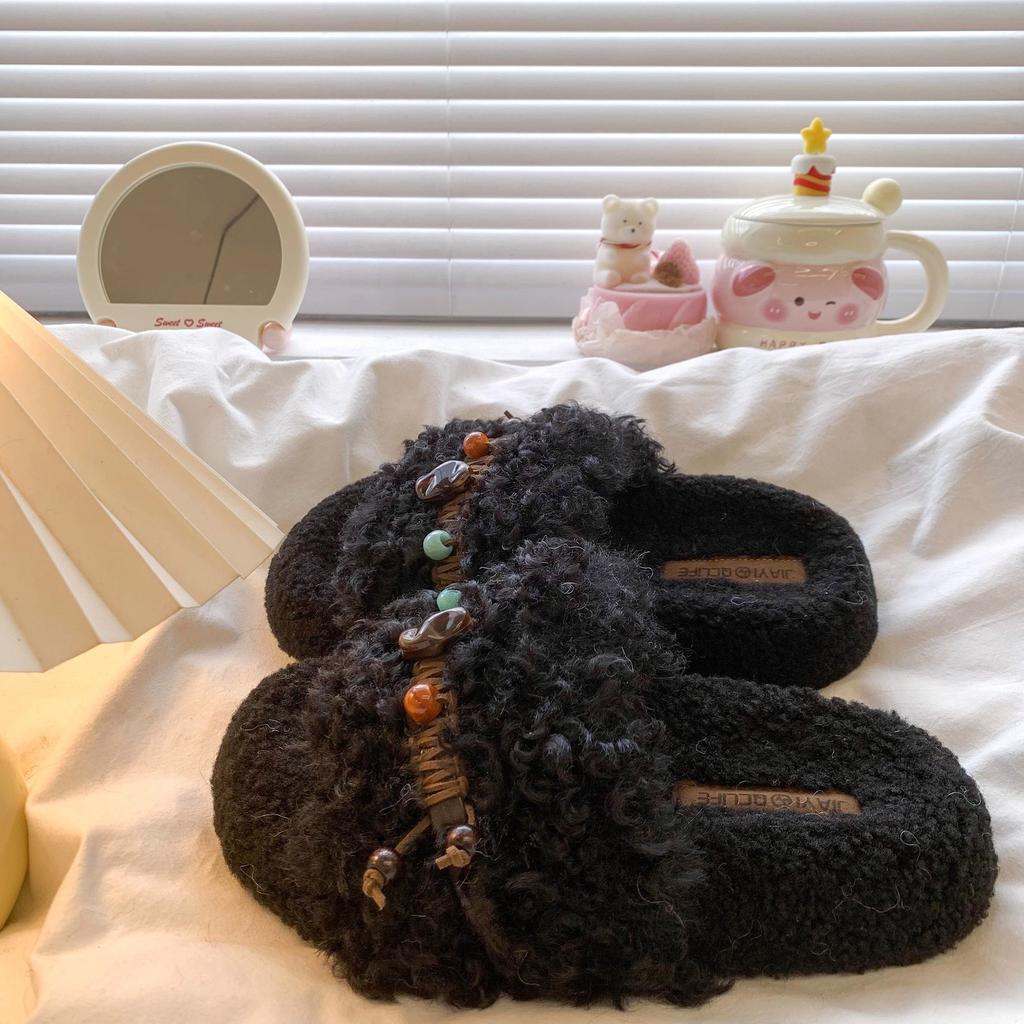 Internet Celebrity Brown Popular Fluffy Slippers Women's Autumn and Winter Wear 2025 New Thick Bottom Casual Home Fluffy Cotton Drag