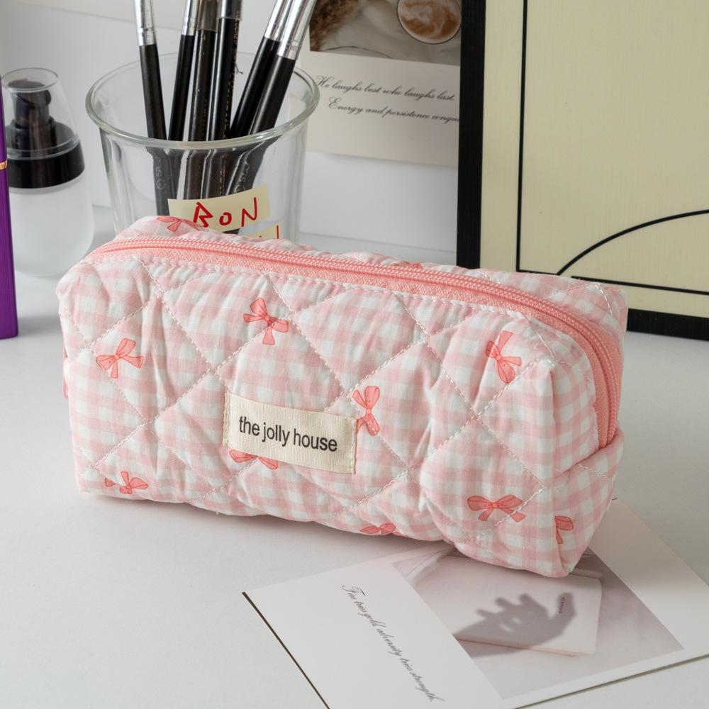 Bowknot Student Pencil Case Large Capacity Portable Soft Cosmetic Storage Bag for School Supplies Makeup Accessories